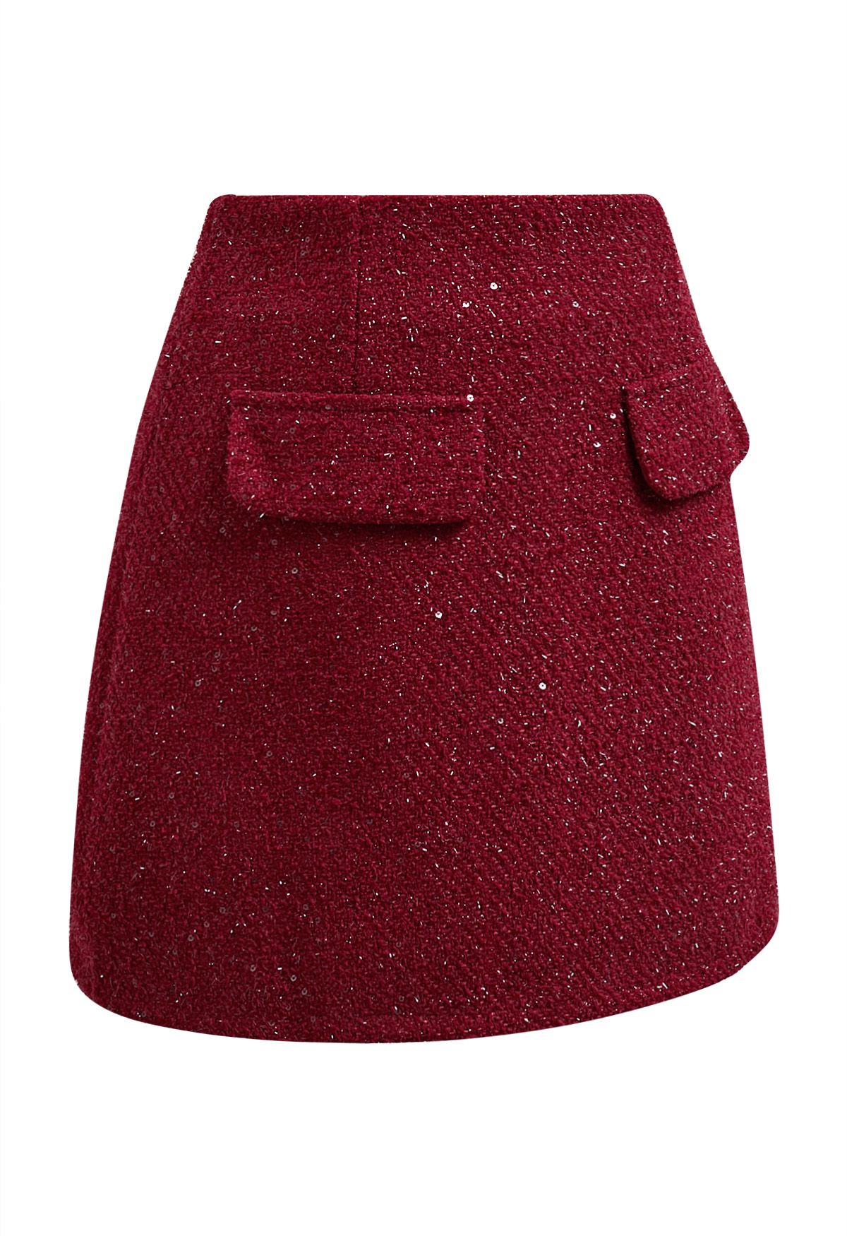 Sequin Fringe Decor Tweed Mini Bud Skirt in Red