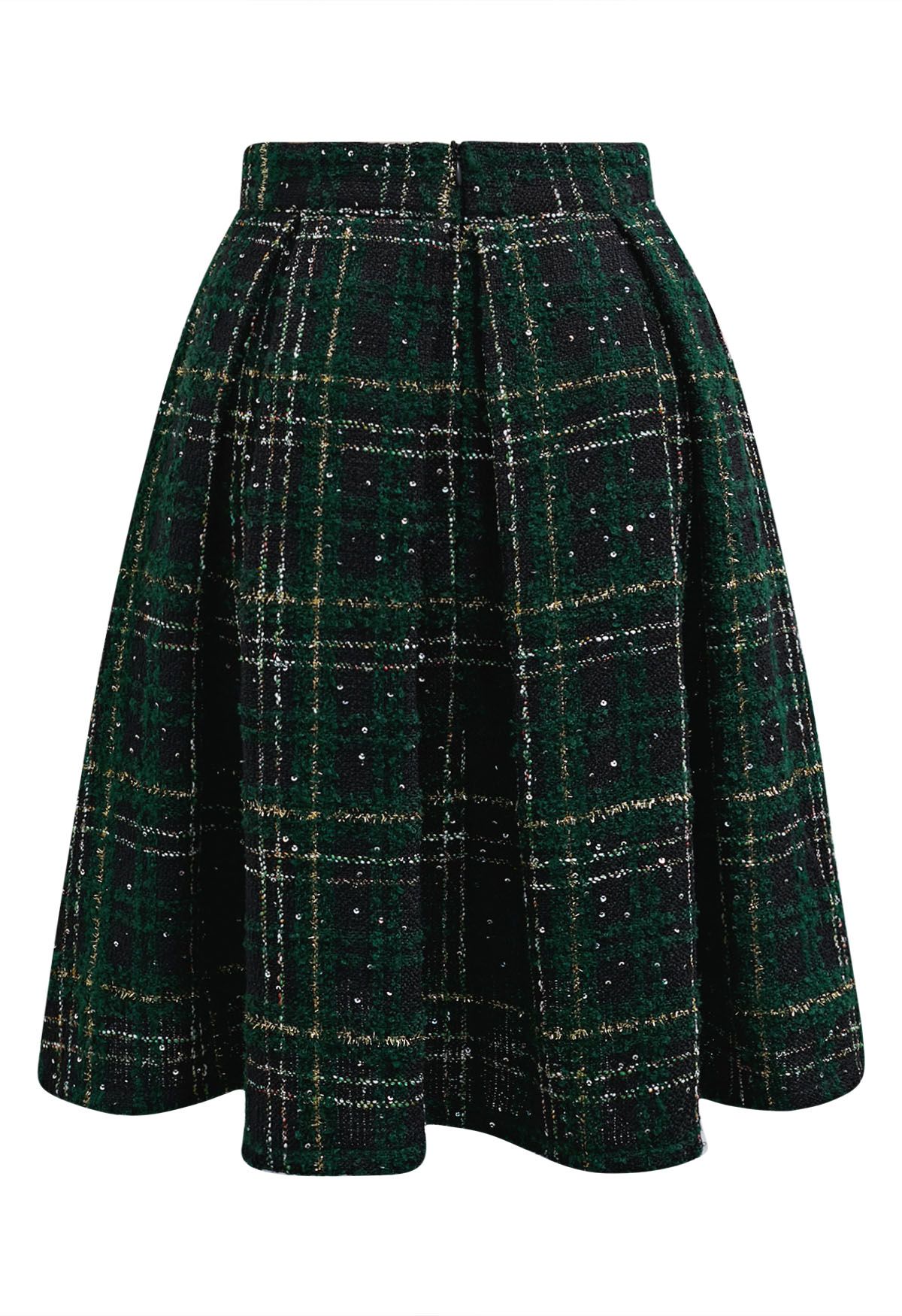 Shining Plaid High Waist Pleated Tweed Skirt in Dark Green