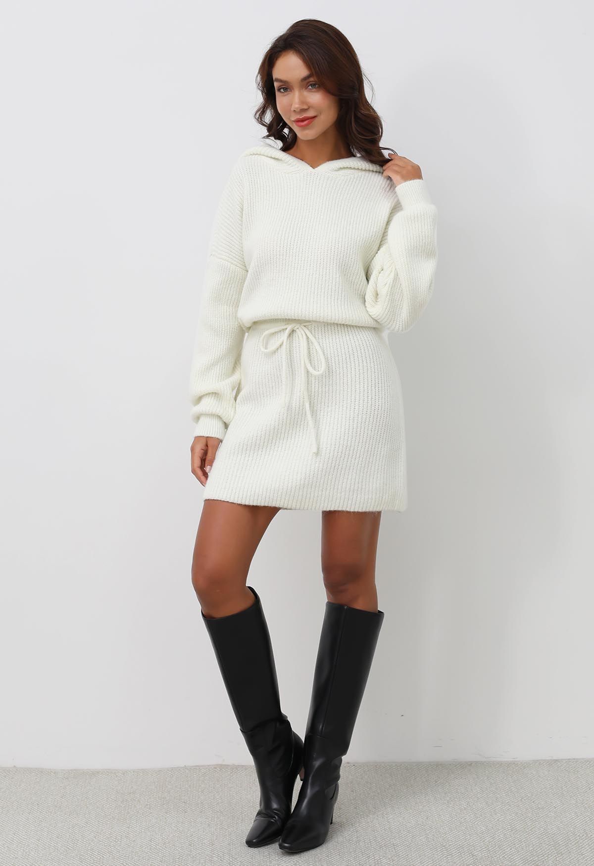 Drawstring Waist Hooded Ribbed Knit Sweater Dress in White