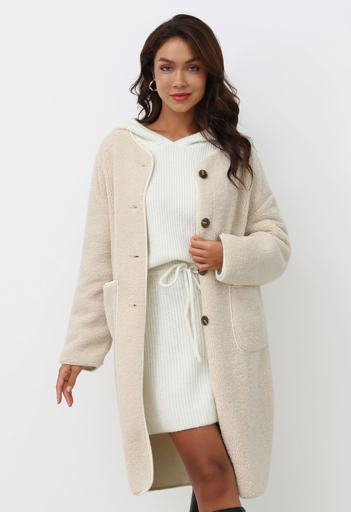 Collarless Button Down Sherpa Longline Coat in Ivory