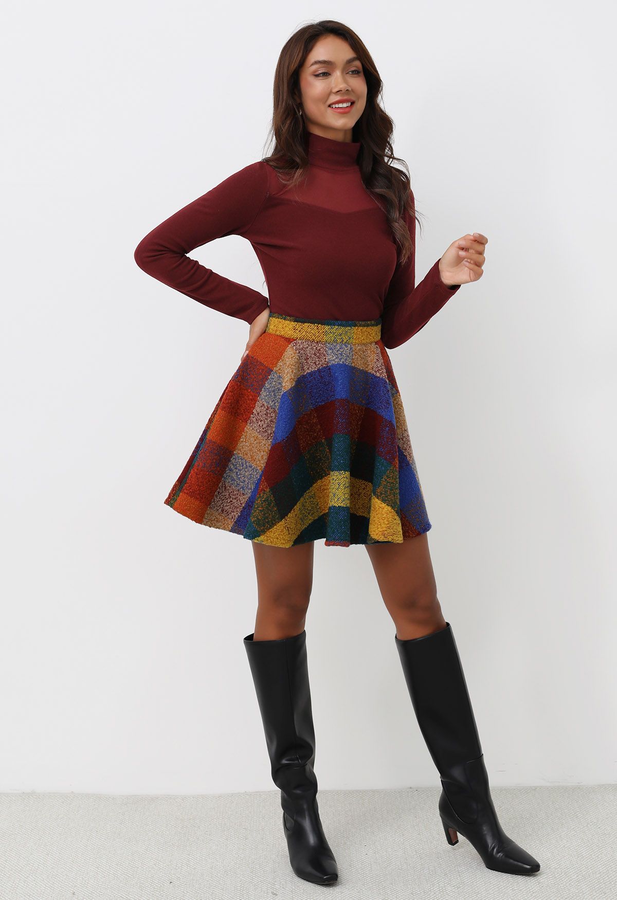 Chromatic Check Wool-Blend Flare Mini Skirt