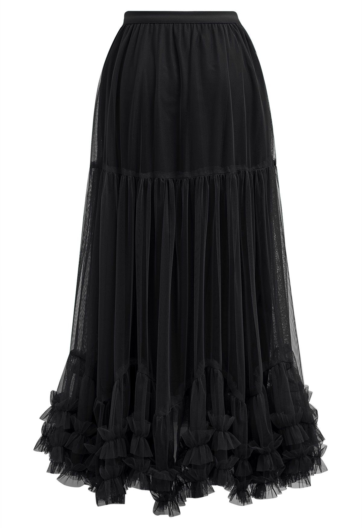 Ruffle Hem Double-Layered Mesh Maxi Skirt in Black