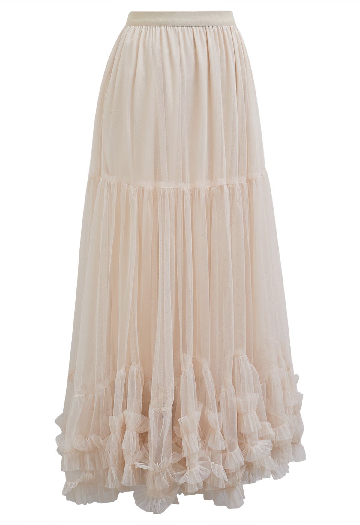 Ruffle Hem Double-Layered Mesh Maxi Skirt in Apricot