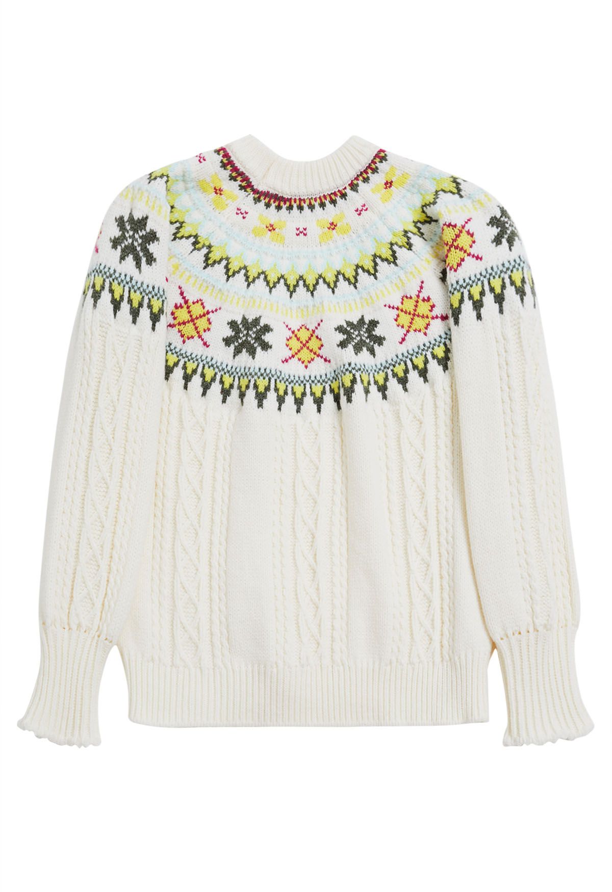 Fair Isle Puff Sleeves Braid Knit Sweater in Ivory