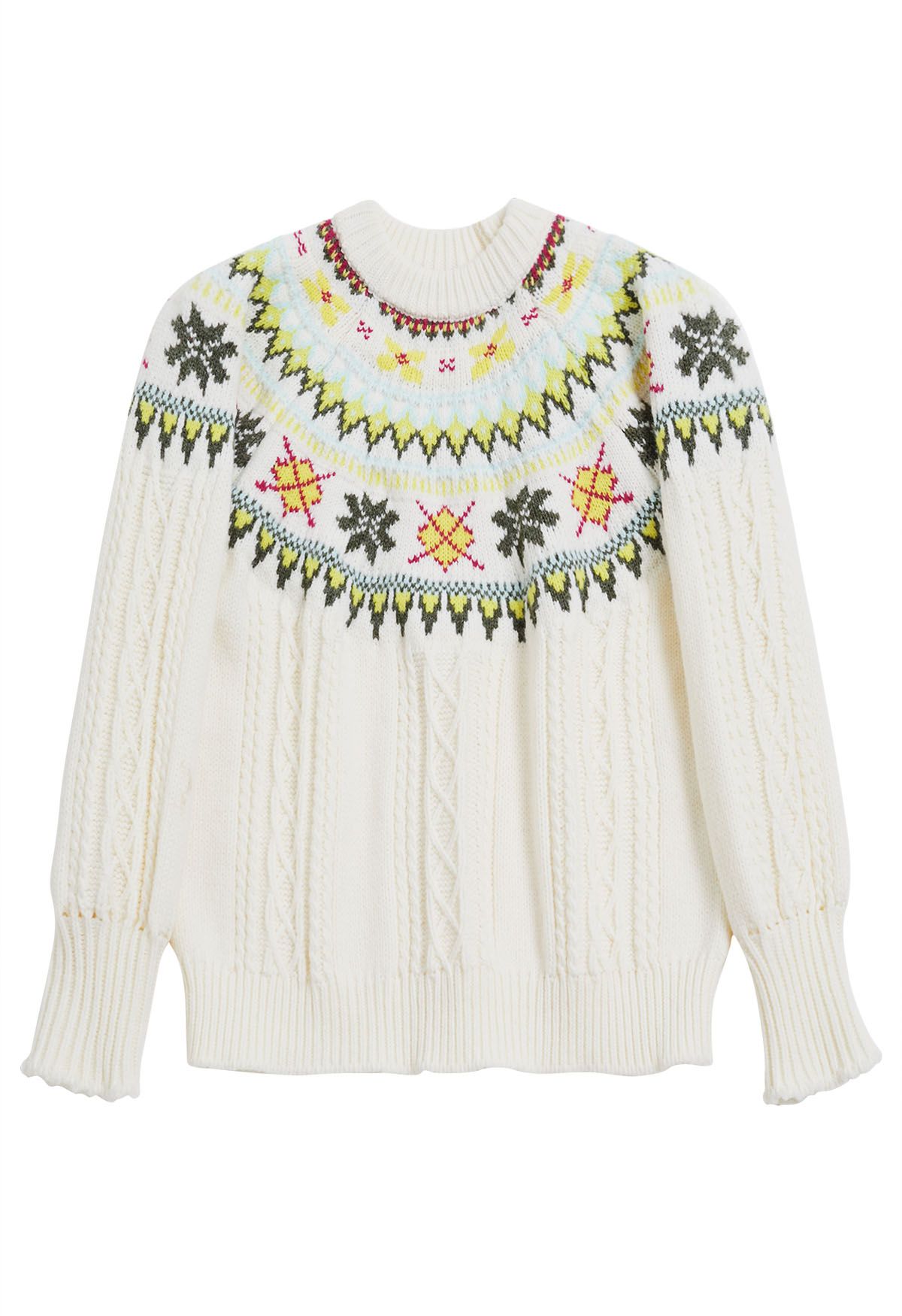 Fair Isle Puff Sleeves Braid Knit Sweater in Ivory