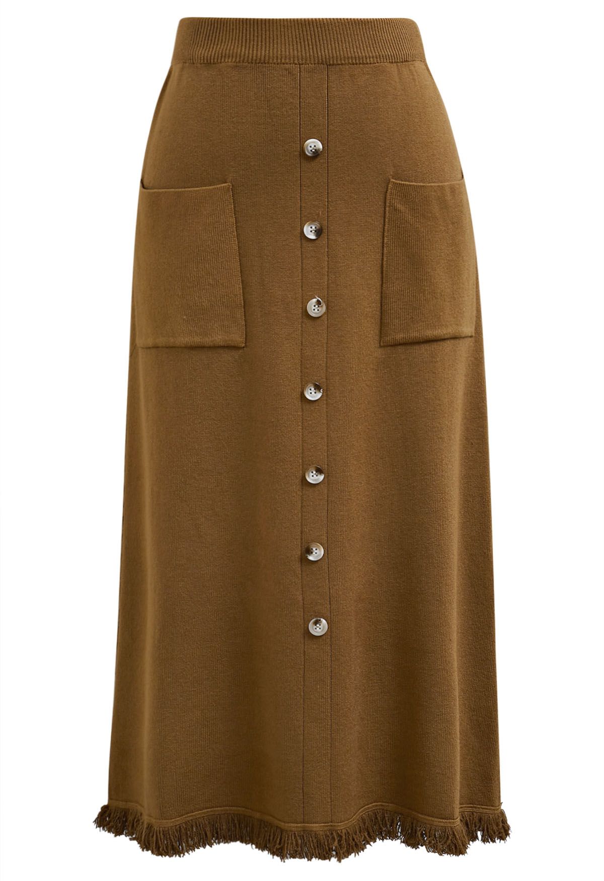 Button Trim Fringe Hem Knit Midi Skirt in Brown