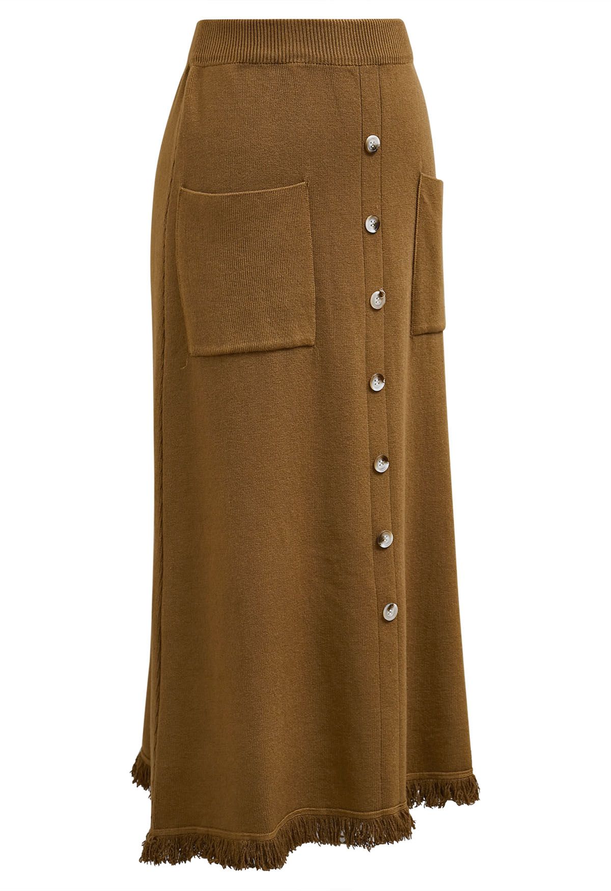 Button Trim Fringe Hem Knit Midi Skirt in Brown