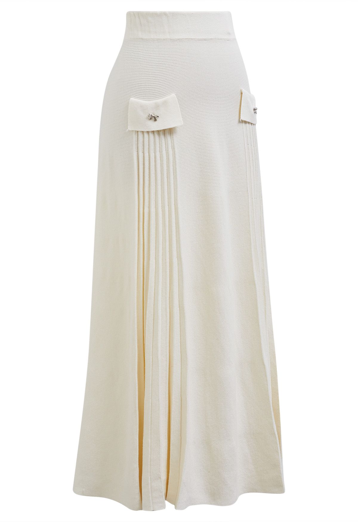 Little Bow Decorated Pleats Knit Maxi Skirt in Cream