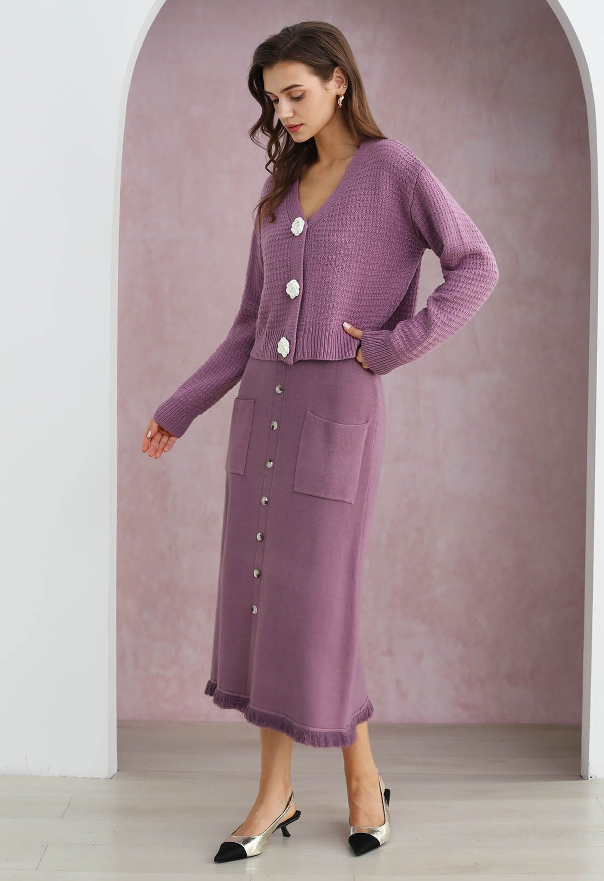 Button Trim Fringe Hem Knit Midi Skirt in Lilac