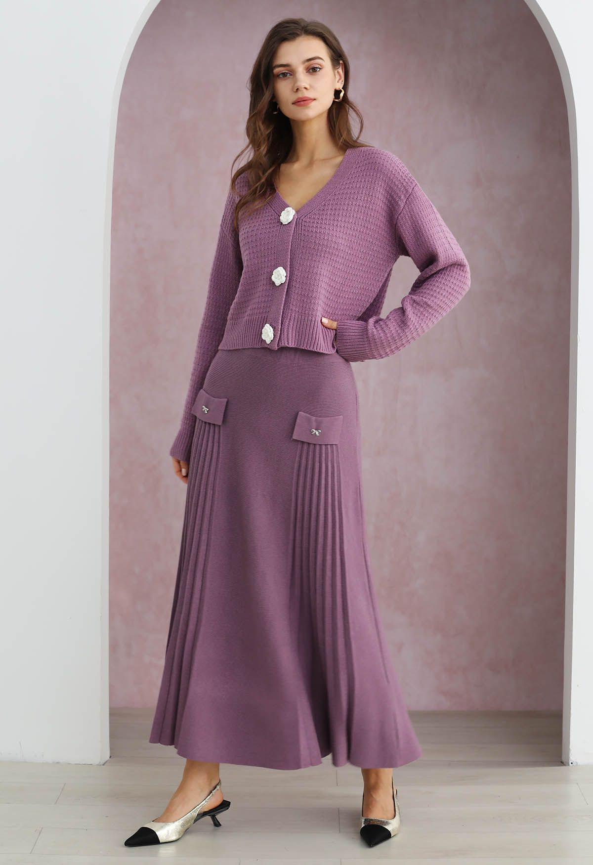 Little Bow Decorated Pleats Knit Maxi Skirt in Lilac