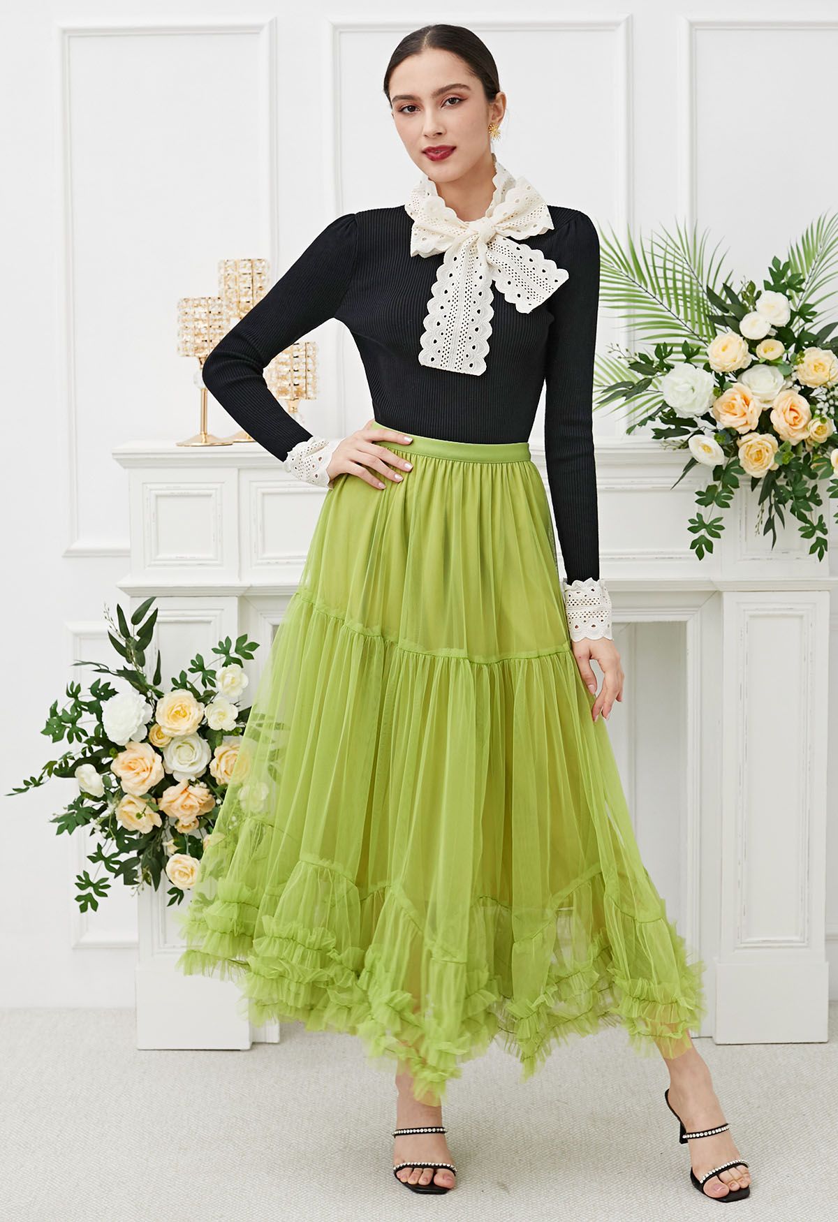 Ruffle Hem Double-Layered Mesh Maxi Skirt in Lime