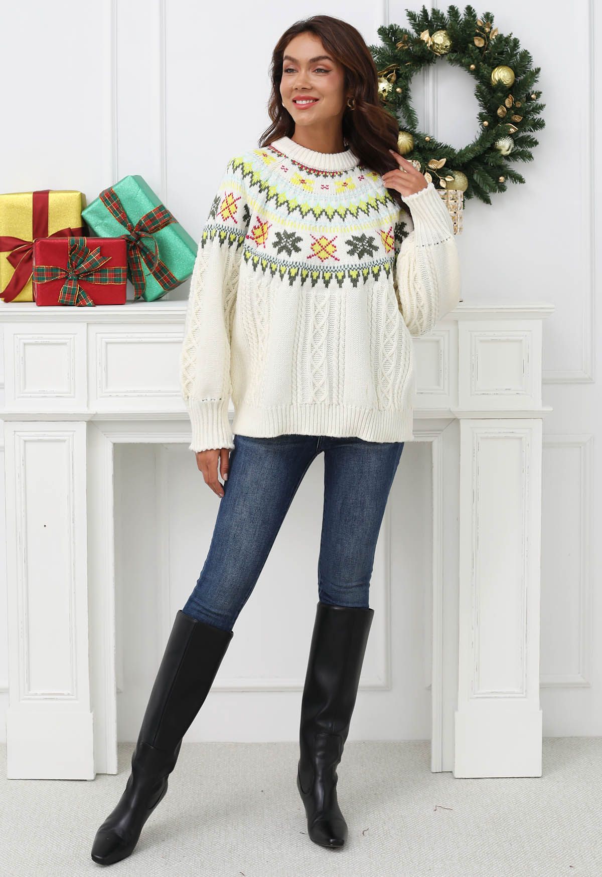 Fair Isle Puff Sleeves Braid Knit Sweater in Ivory