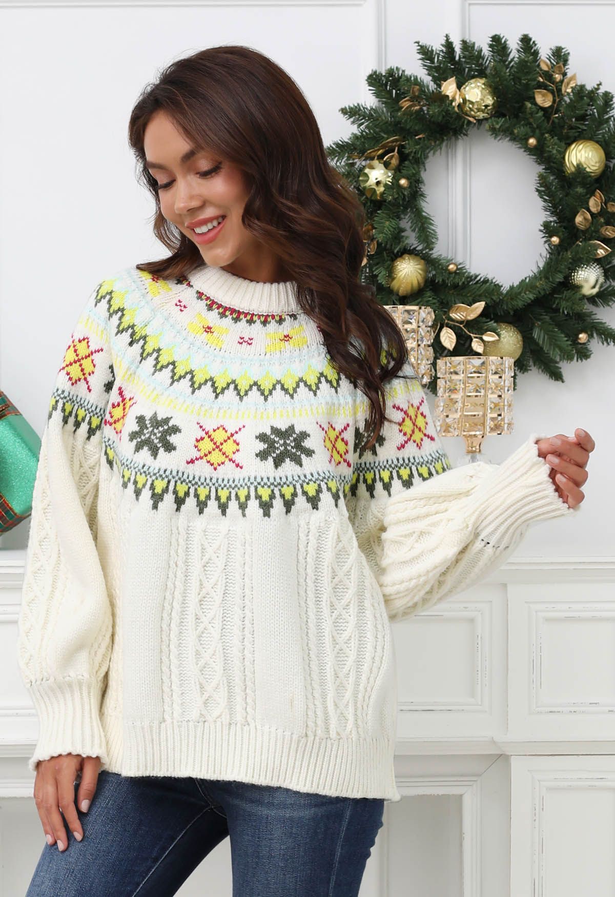 Fair Isle Puff Sleeves Braid Knit Sweater in Ivory