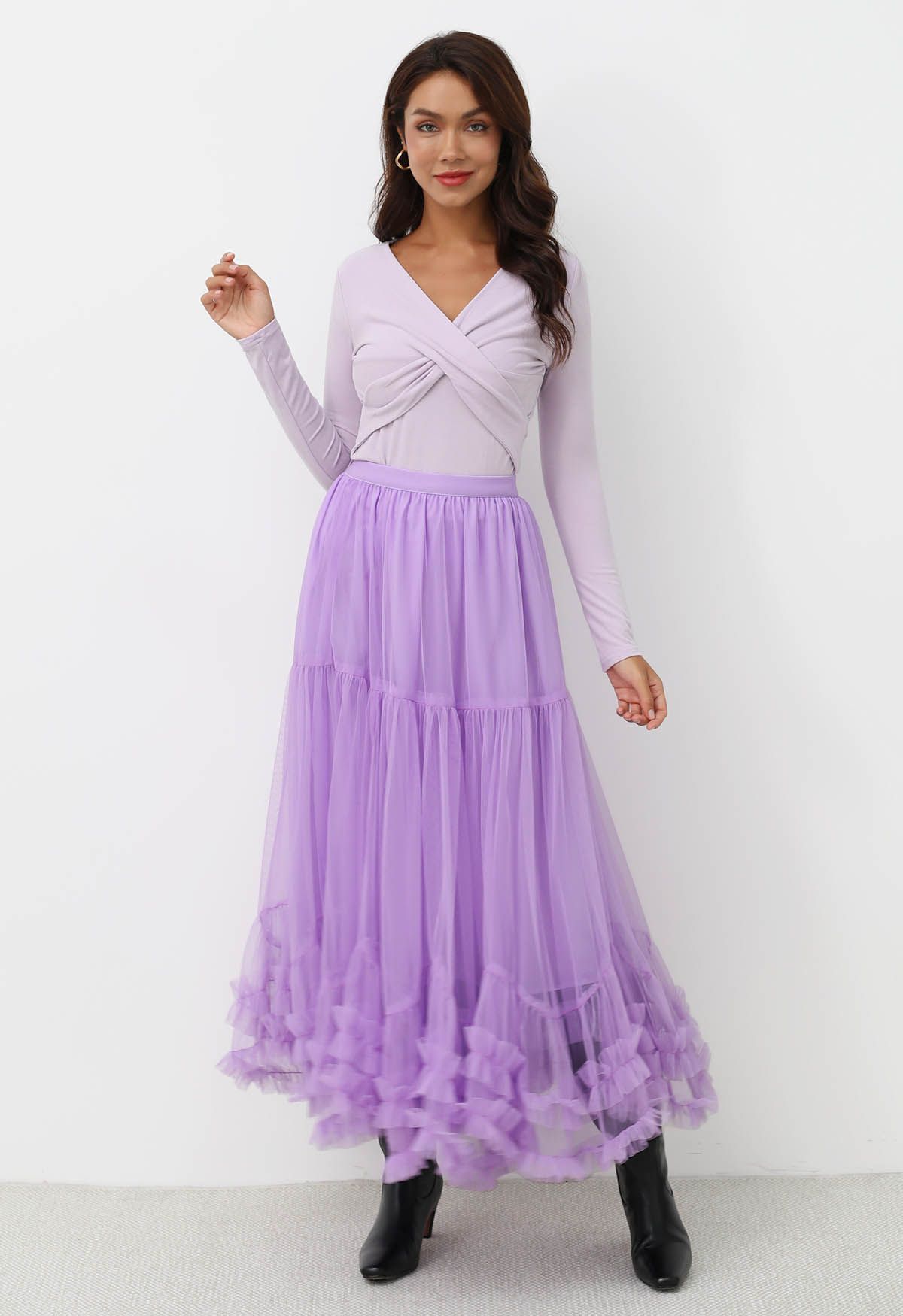 Ruffle Hem Double-Layered Mesh Maxi Skirt in Lilac