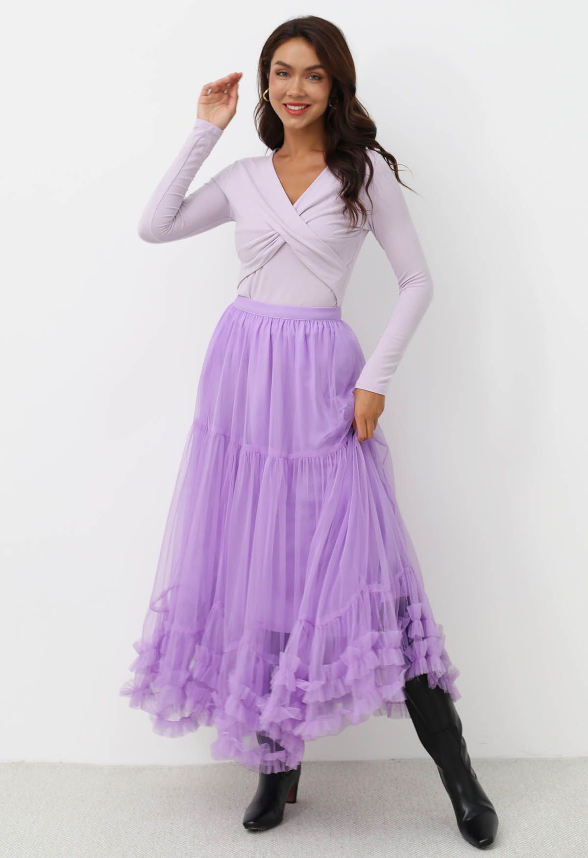 Ruffle Hem Double-Layered Mesh Maxi Skirt in Lilac