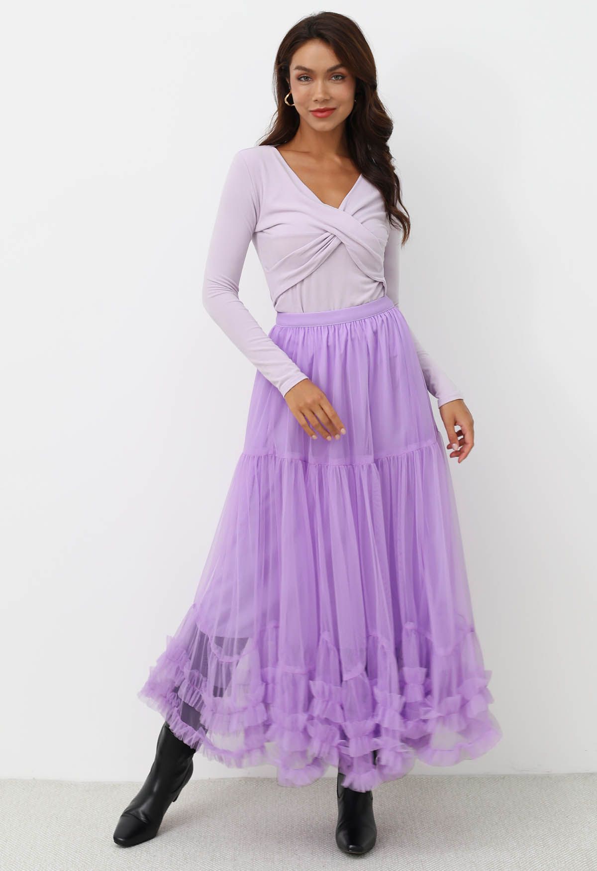 Ruffle Hem Double-Layered Mesh Maxi Skirt in Lilac