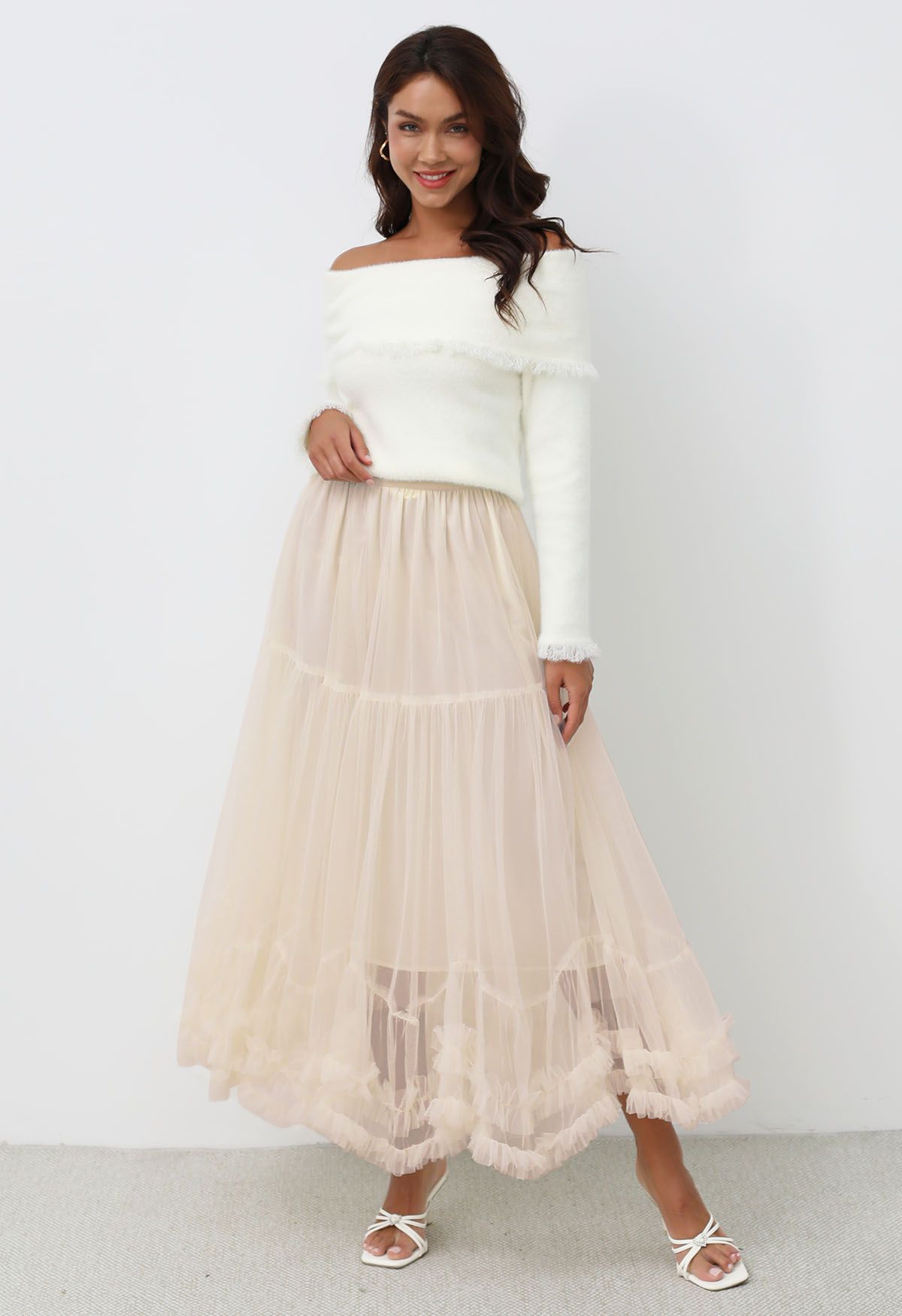 Ruffle Hem Double-Layered Mesh Maxi Skirt in Apricot