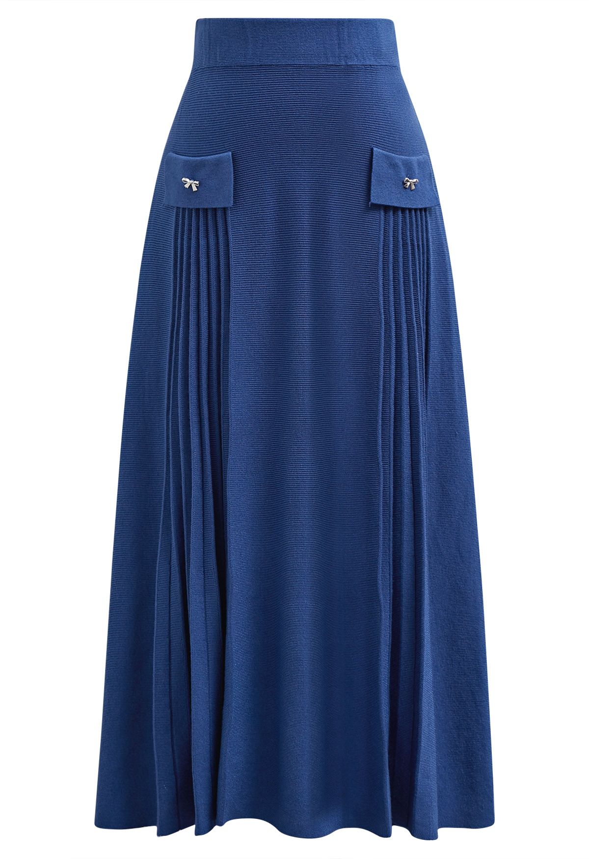 Little Bow Decorated Pleats Knit Maxi Skirt in Indigo