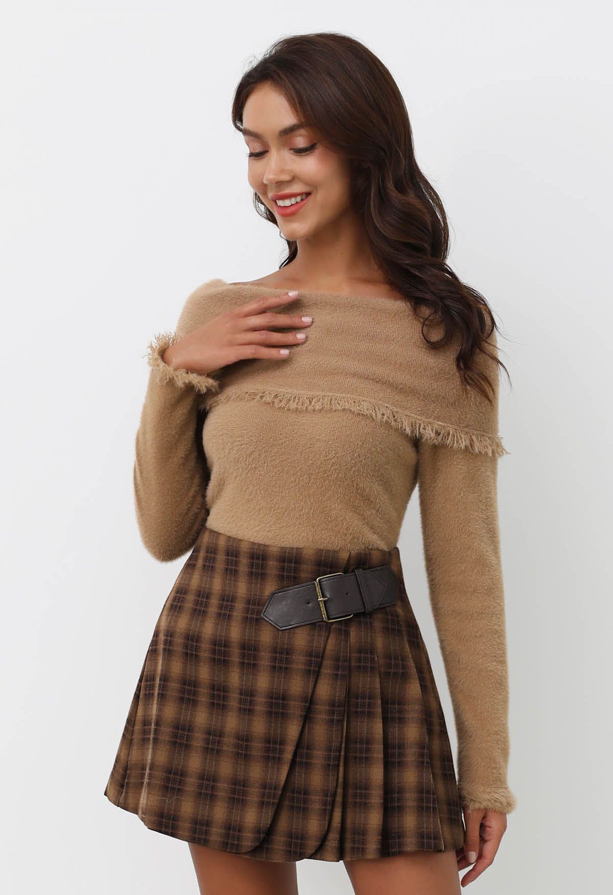 Double Flaps Plaid Belted Pleated Mini Skirt in Caramel