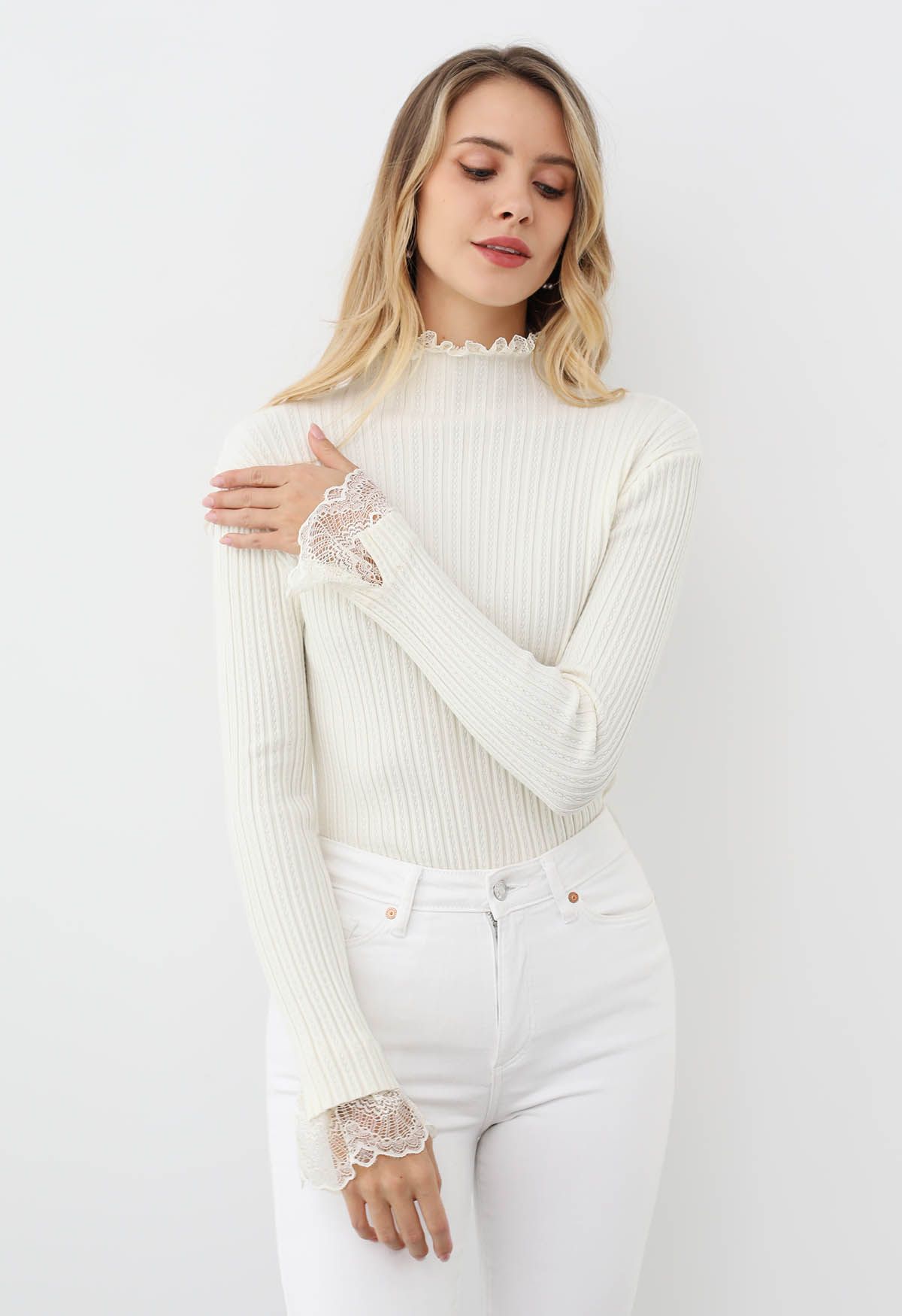 Lace Trim Mock Neck Ribbed Knit Top in White