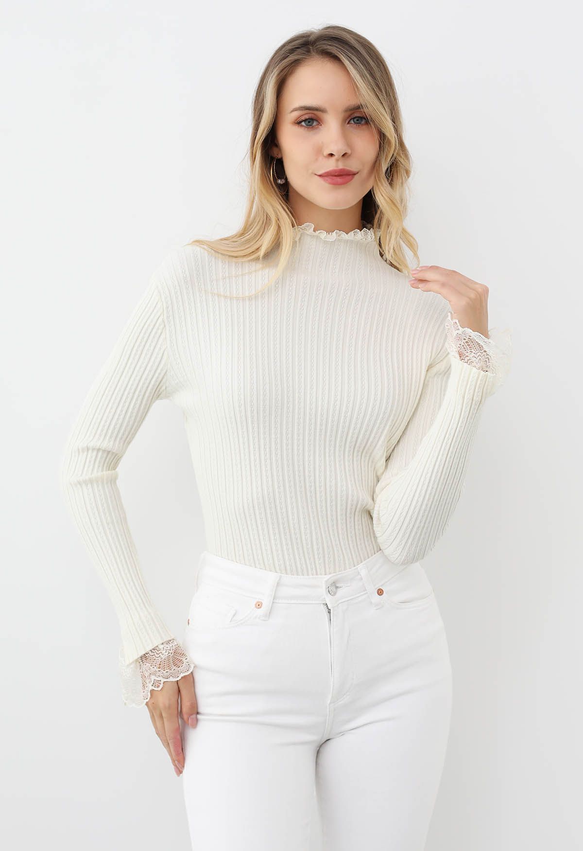 Lace Trim Mock Neck Ribbed Knit Top in White