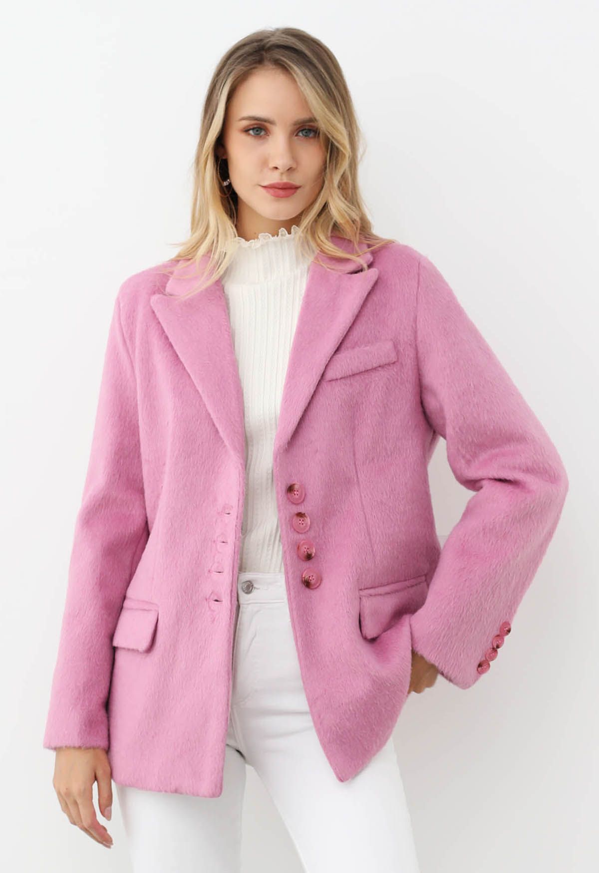 Peak Lapel Buttoned Faux Fur Blazer Coat in Candy Pink