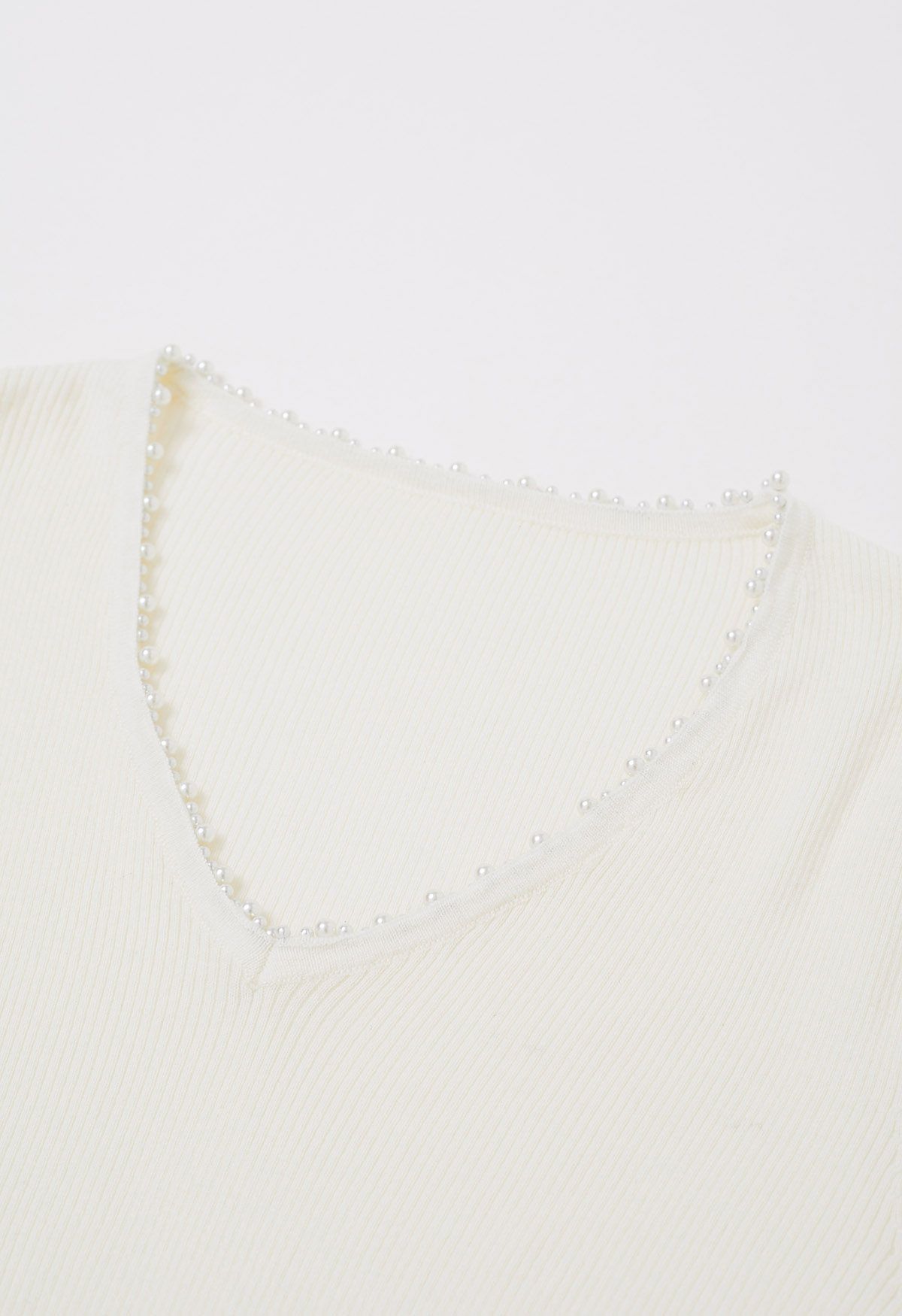 Pearl Decorated Ribbed Knit Top in Ivory