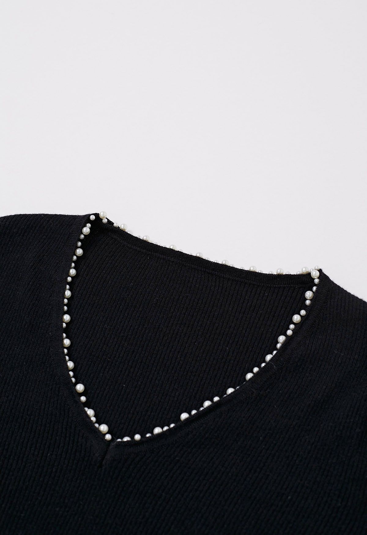 Pearl Decorated Ribbed Knit Top in Black