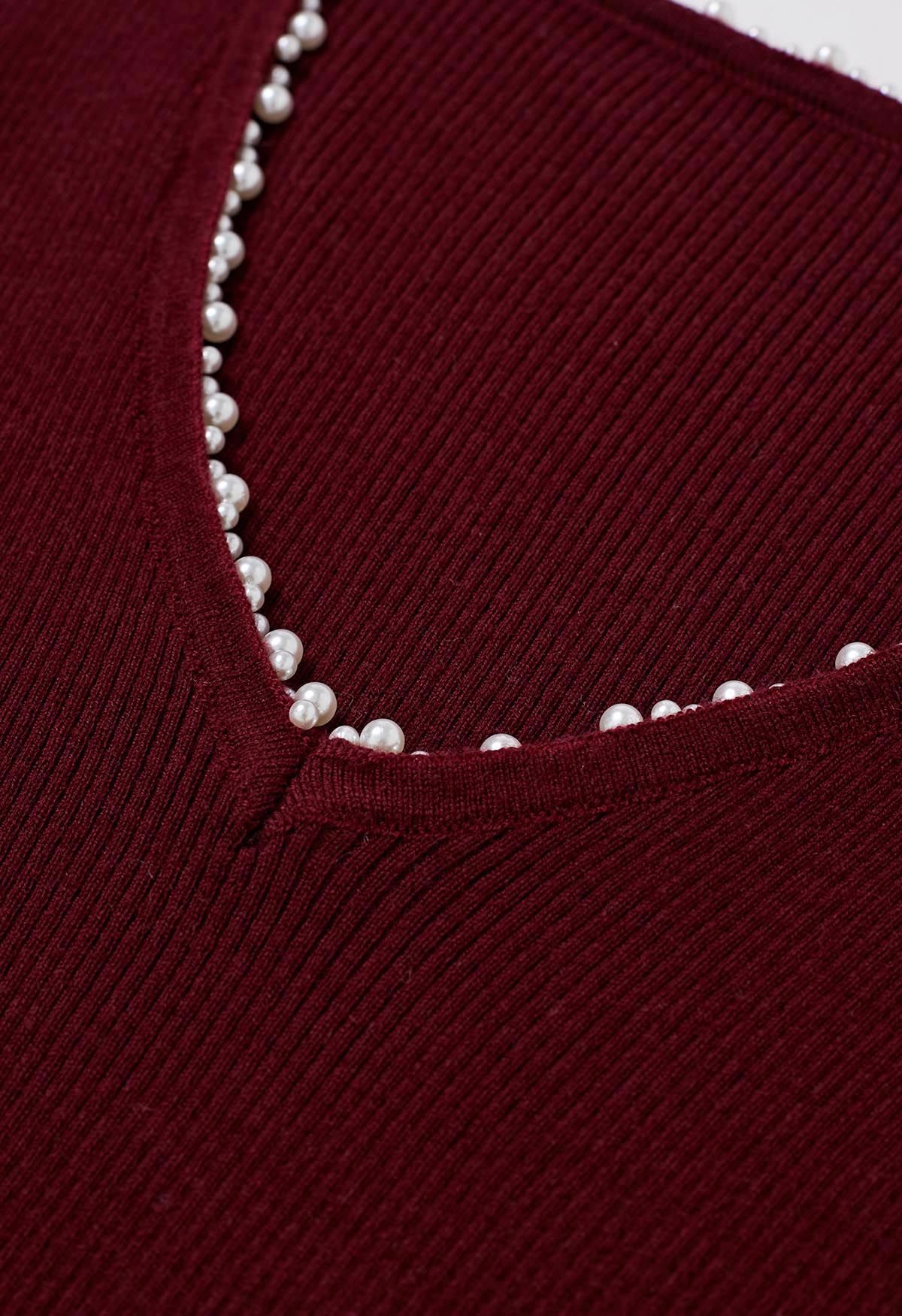 Pearl Decorated Ribbed Knit Top in Burgundy