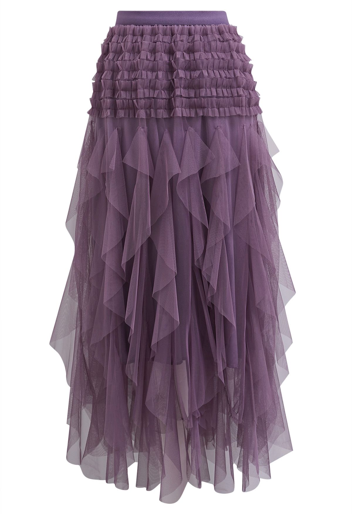 Ruffle Panelled Mesh Tulle Midi Skirt in Purple