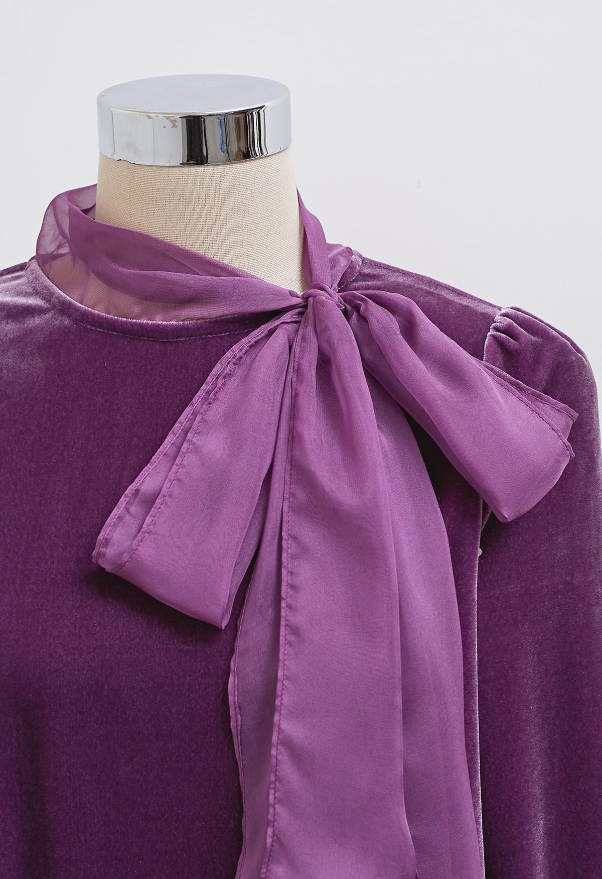 Organza Self-Tie Bowknot Velvet Top in Purple