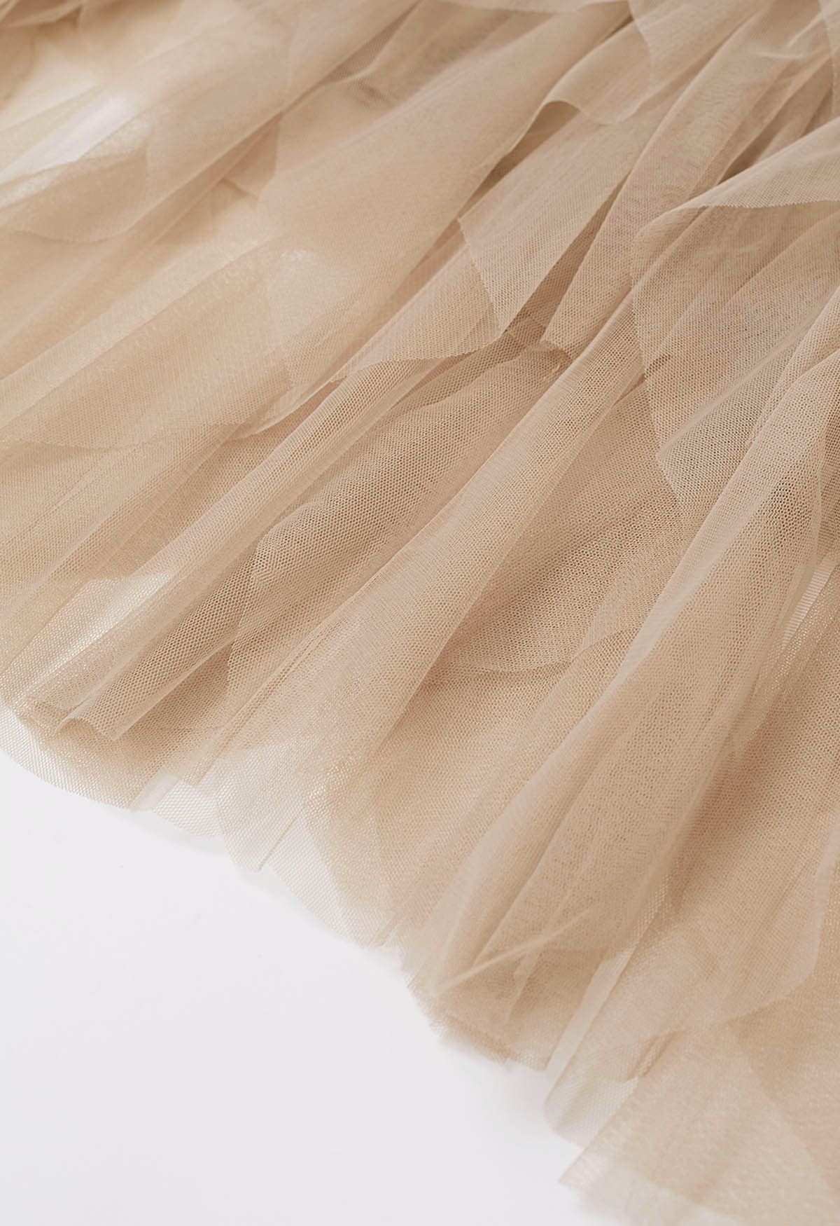 Ruffle Panelled Mesh Tulle Midi Skirt in Light Tan