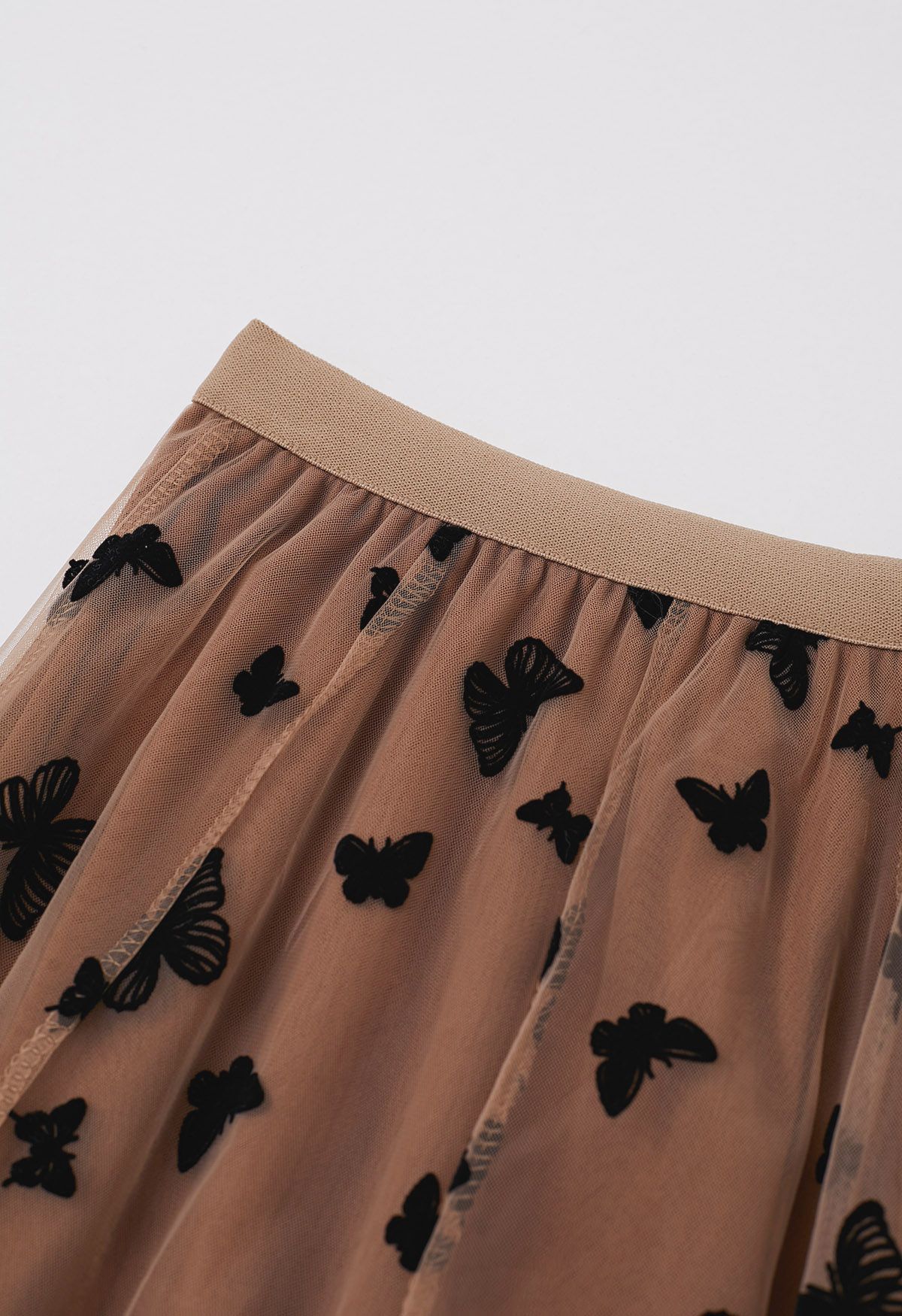 Waltzing Butterfly Mesh Tulle Midi Skirt in Caramel