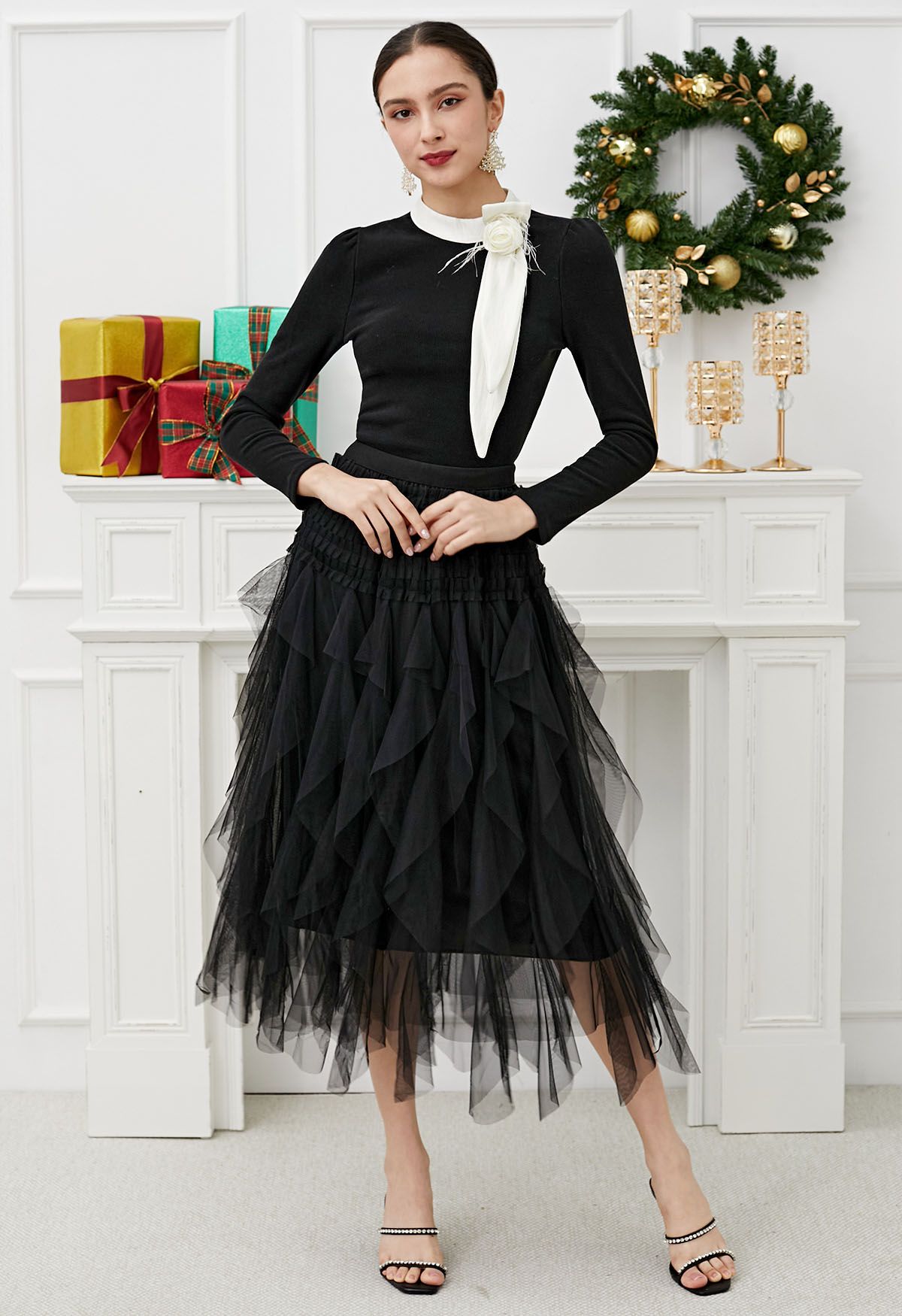 Ruffle Panelled Mesh Tulle Midi Skirt in Black