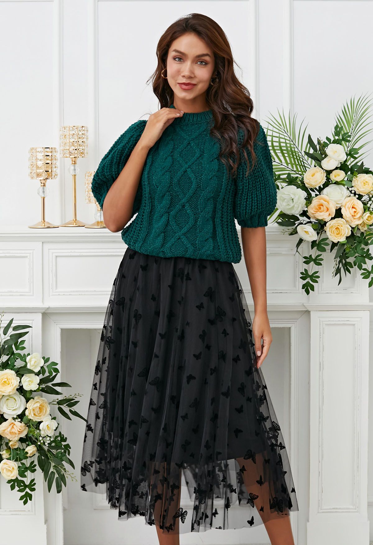 Waltzing Butterfly Mesh Tulle Midi Skirt in Black