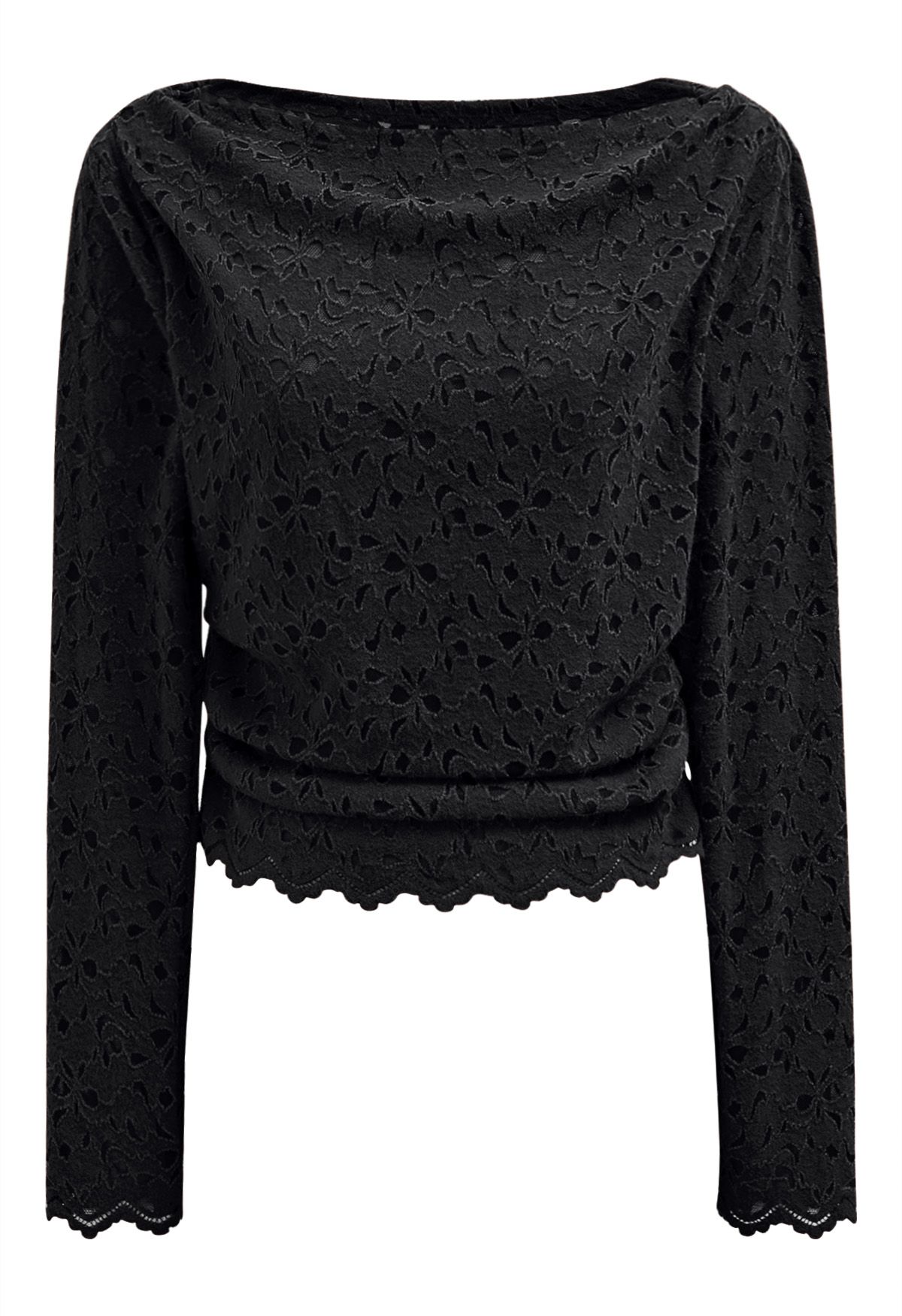 Floral Cutwork Boat Neck Mesh Top in Black