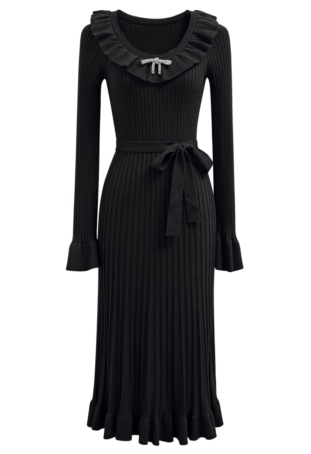 Ruffle Charm Tie Sash Ribbed Knit Dress in Black