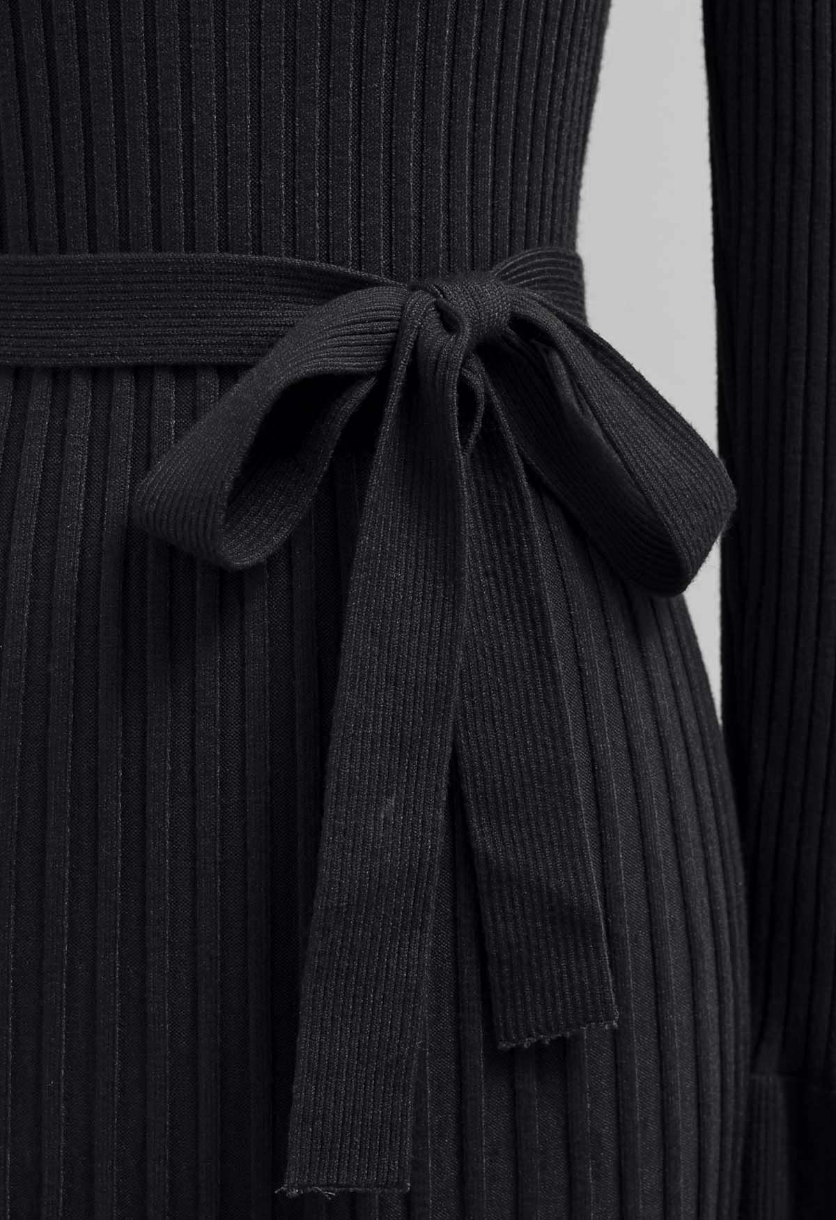 Ruffle Charm Tie Sash Ribbed Knit Dress in Black