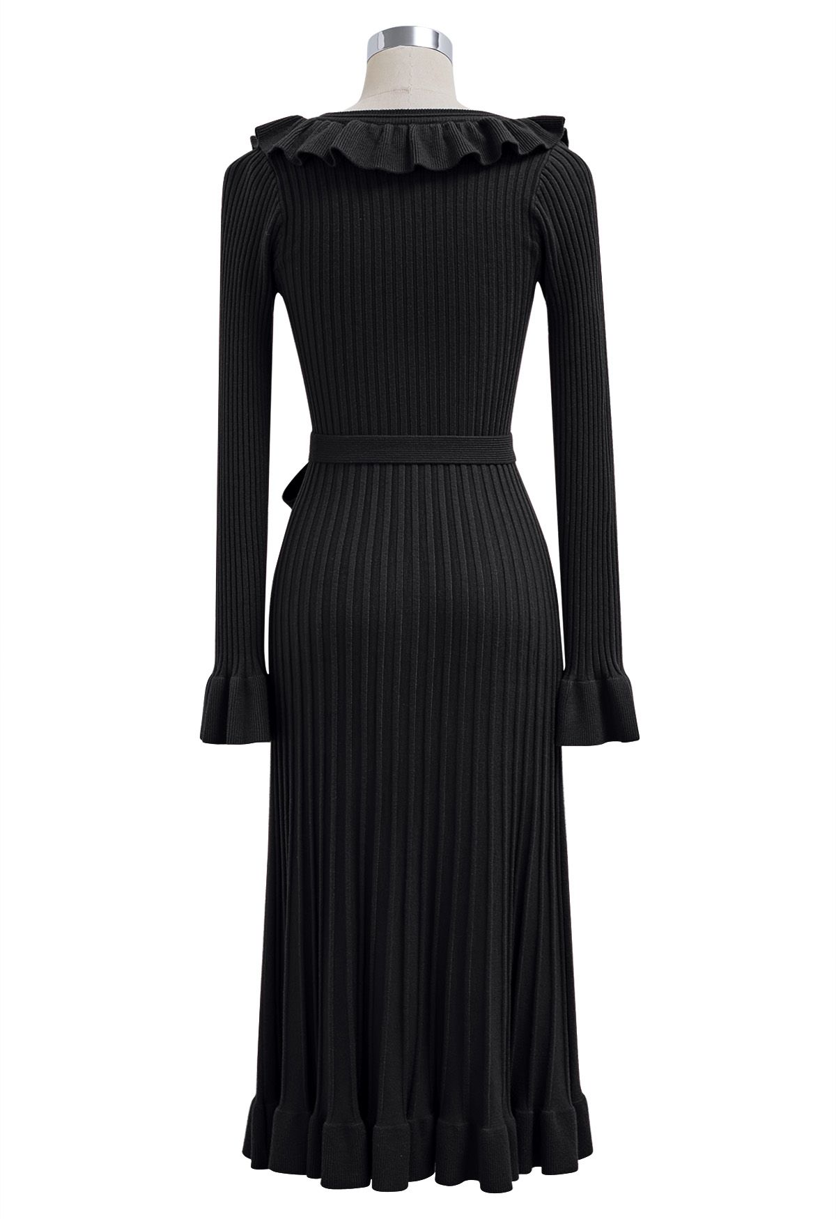 Ruffle Charm Tie Sash Ribbed Knit Dress in Black