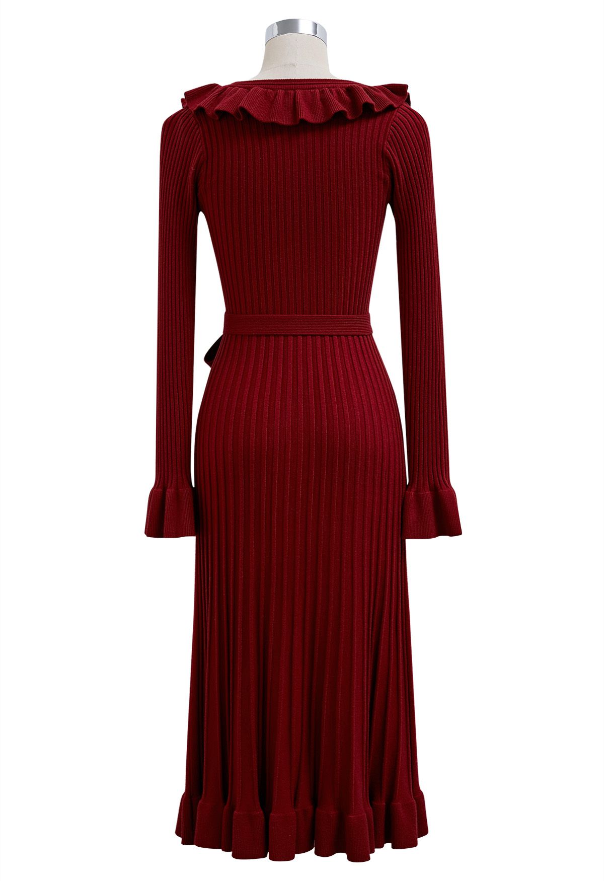 Ruffle Charm Tie Sash Ribbed Knit Dress in Red