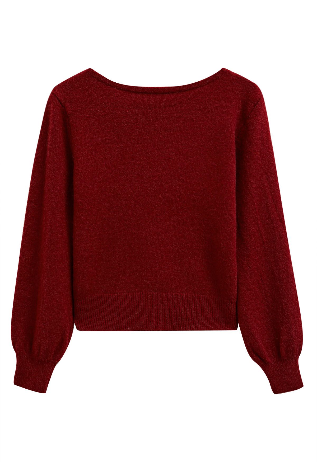 Bowknot-Trimmed Boat Neck Knit Sweater in Red