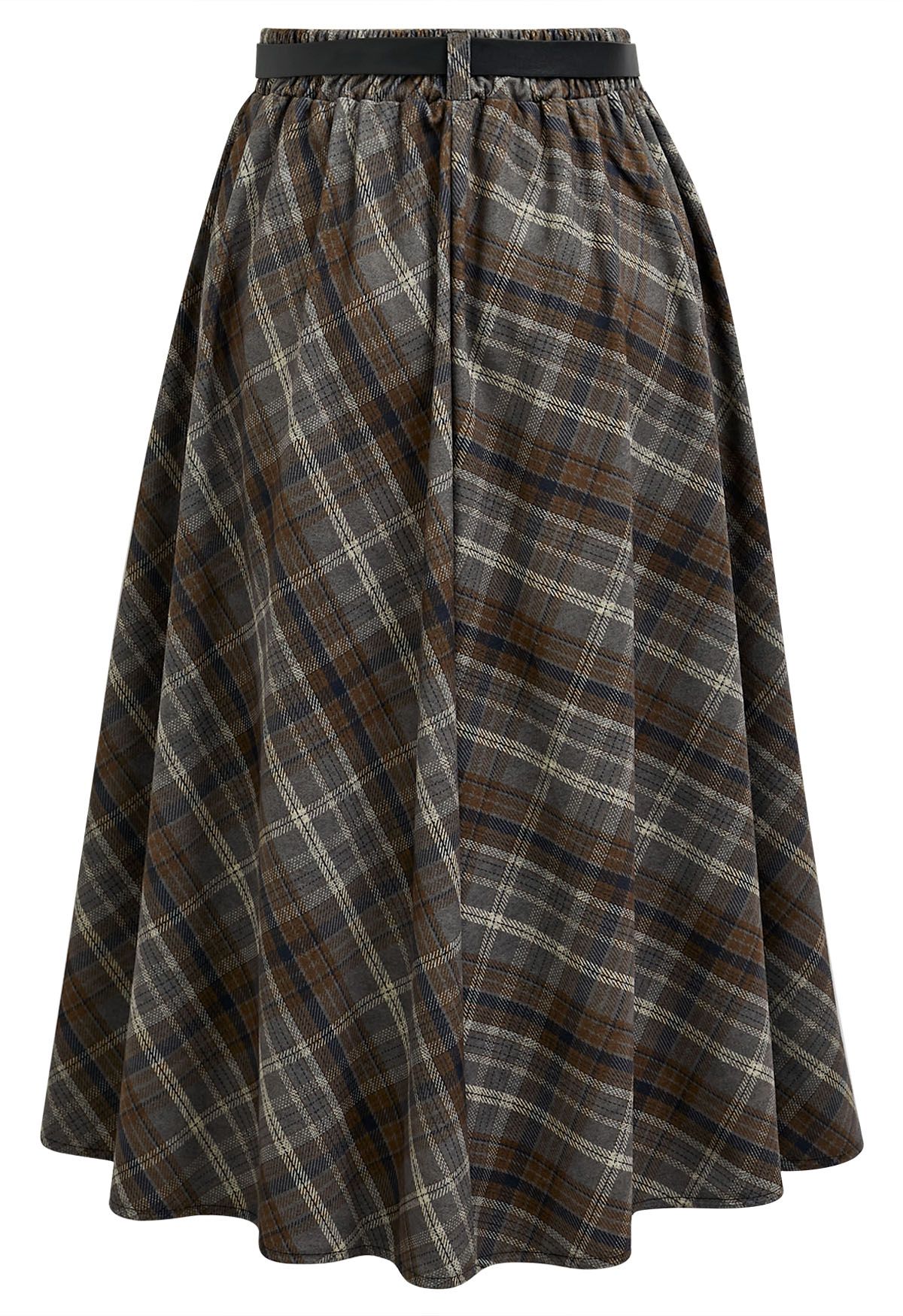 Distinctive Plaid Belted Midi Skirt in Grey