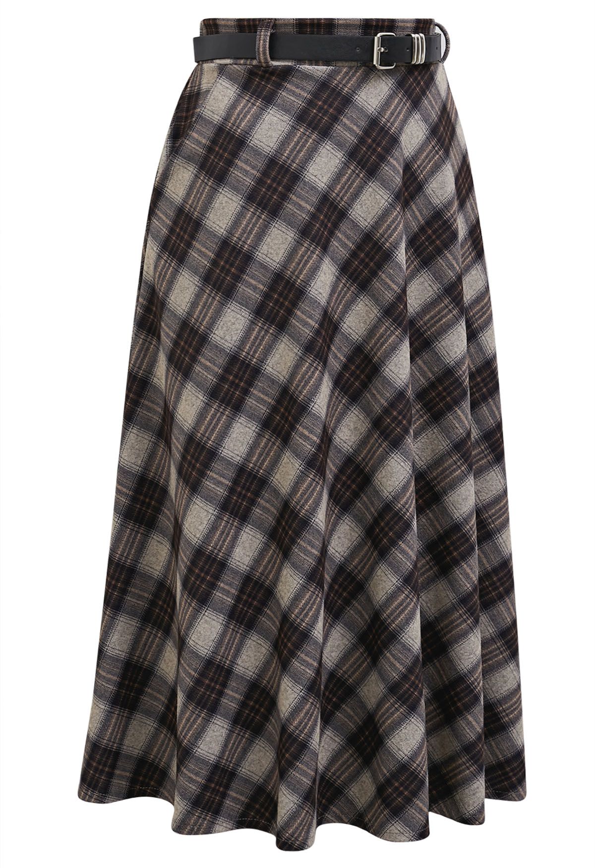 Distinctive Plaid Belted Midi Skirt in Black