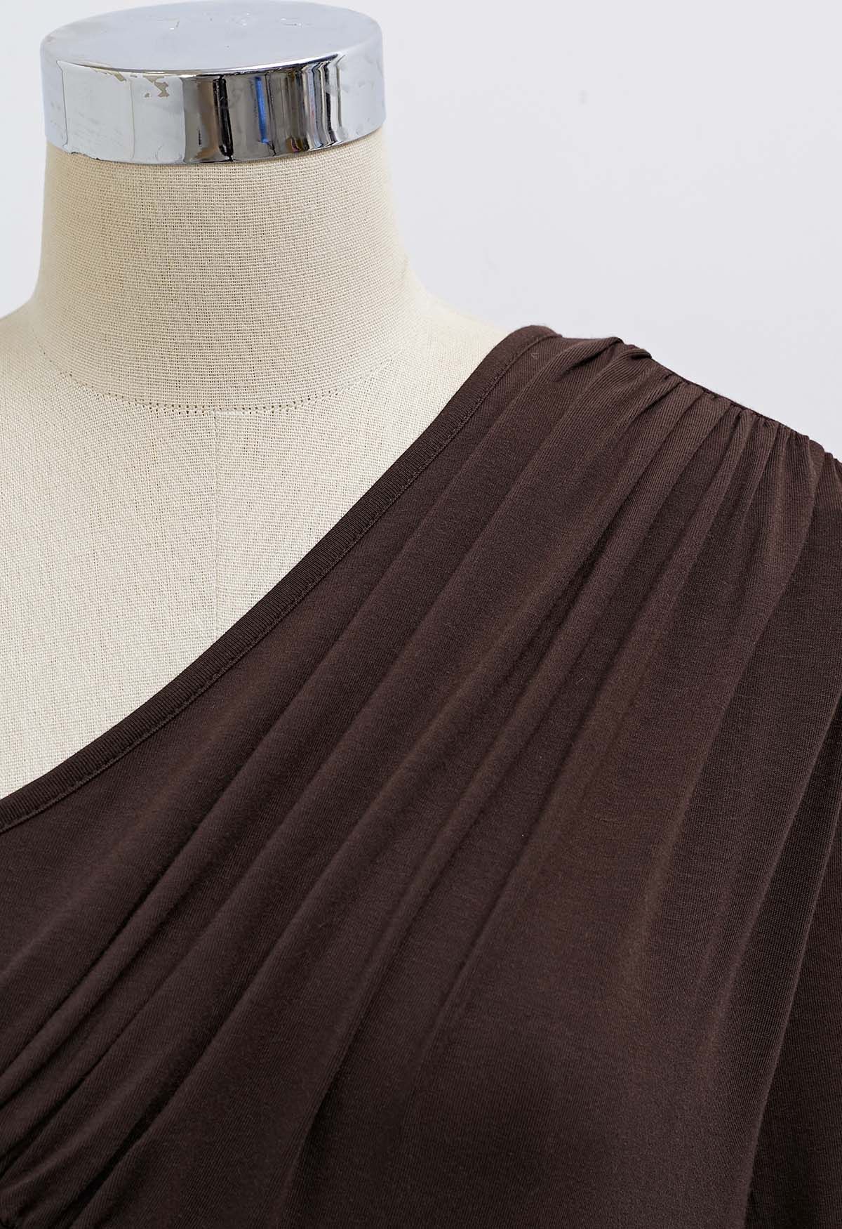 Oblique Ruched Neckline Fitted Top in Brown