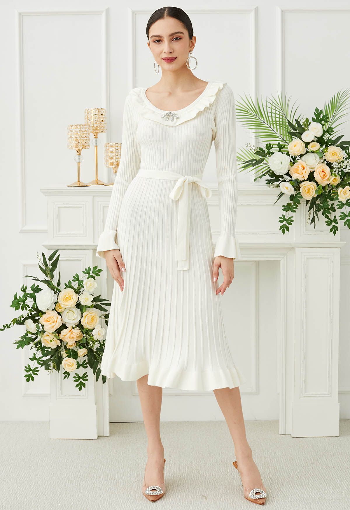 Ruffle Charm Tie Sash Ribbed Knit Dress in White