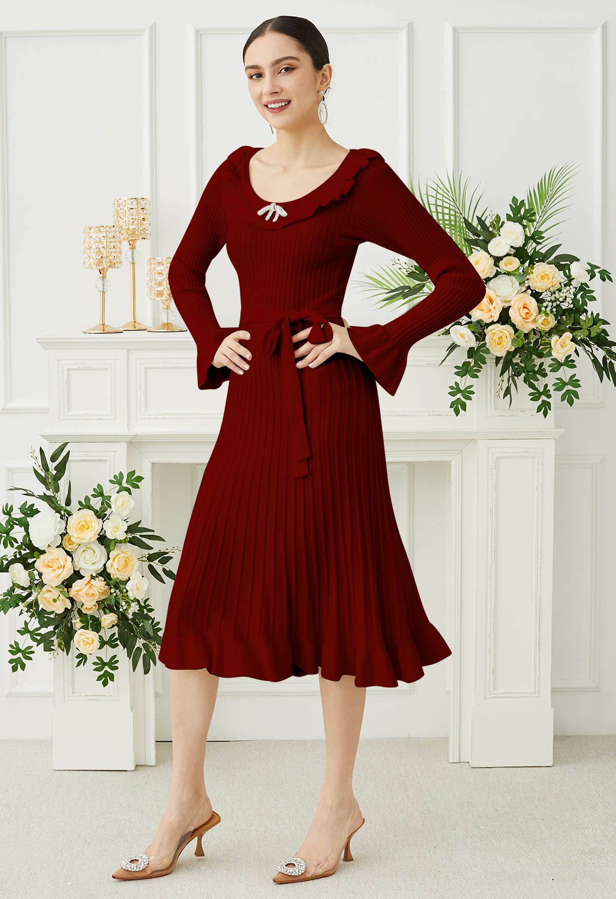 Ruffle Charm Tie Sash Ribbed Knit Dress in Red