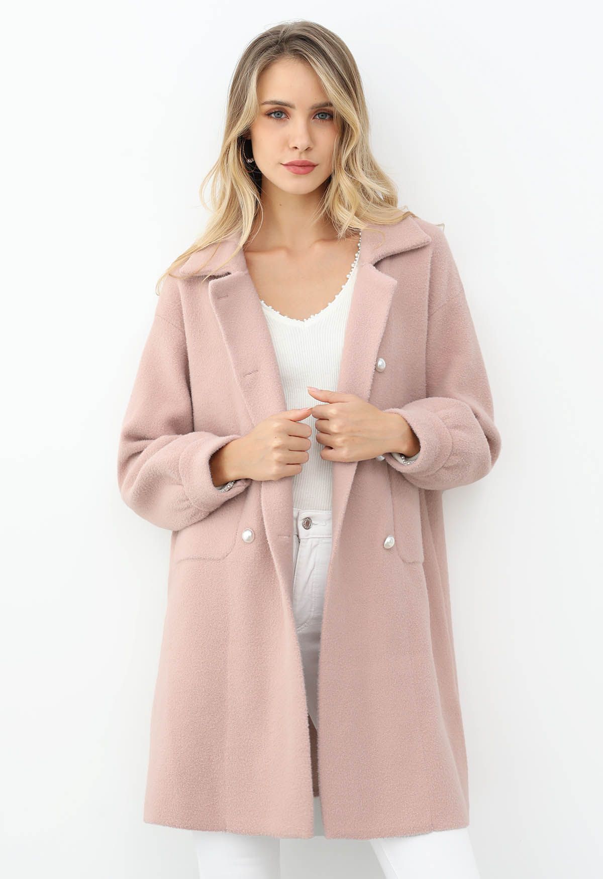 Pearl Double-Breasted Knit Coat in Dusty Pink