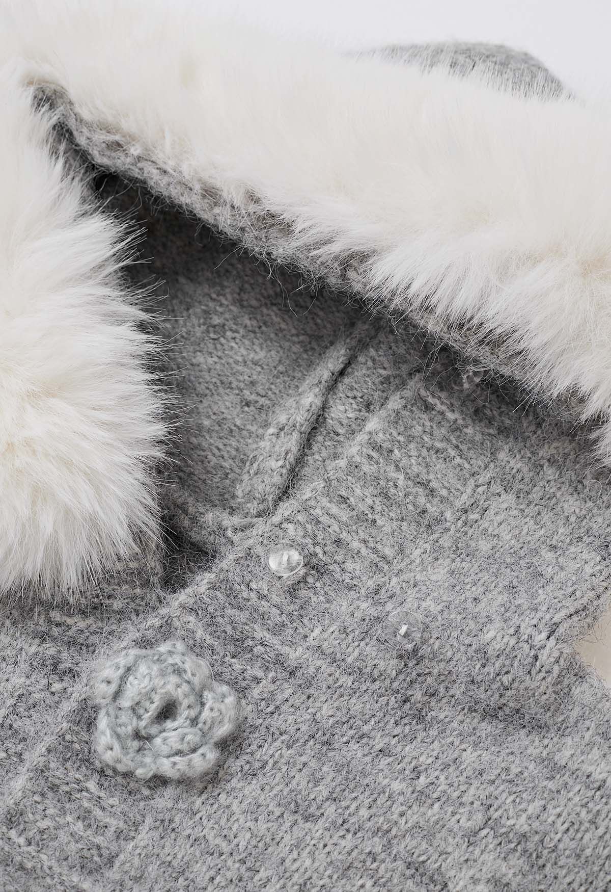 Stitch Rose Button Faux Fur Hooded Knit Cardigan in Grey