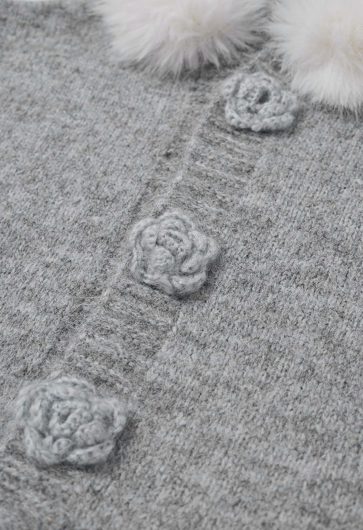 Stitch Rose Button Faux Fur Hooded Knit Cardigan in Grey