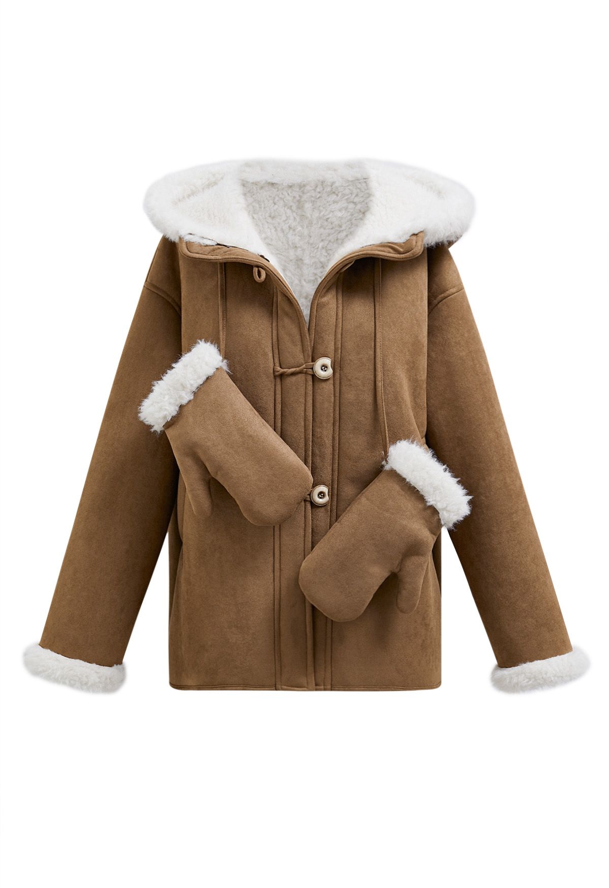 Faux Suede and Fur Hooded Coat with Gloves